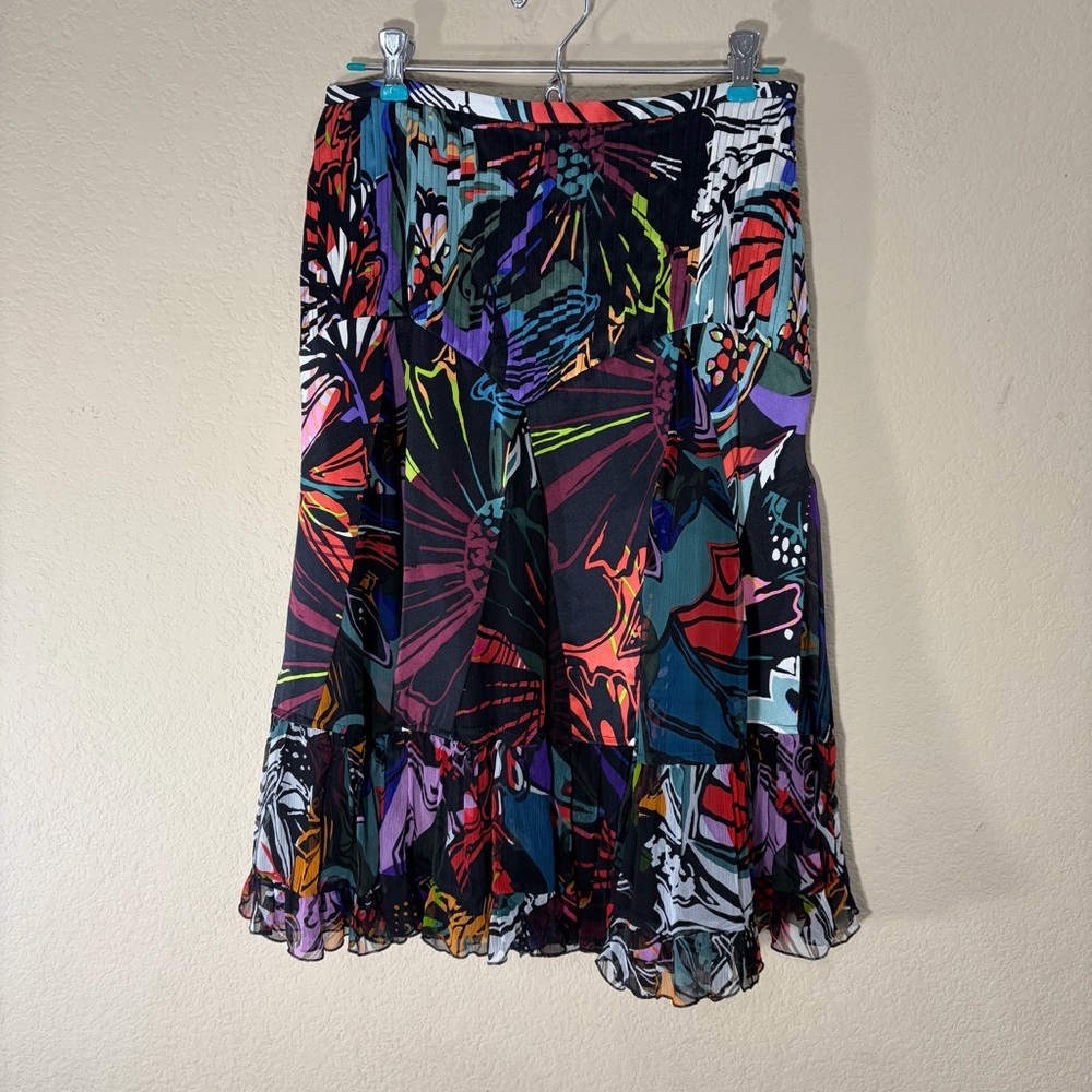 Alberto Makali Silk Midi Skirt Sz 4 Artsy Print Pleated Layered Art to Wear EUC